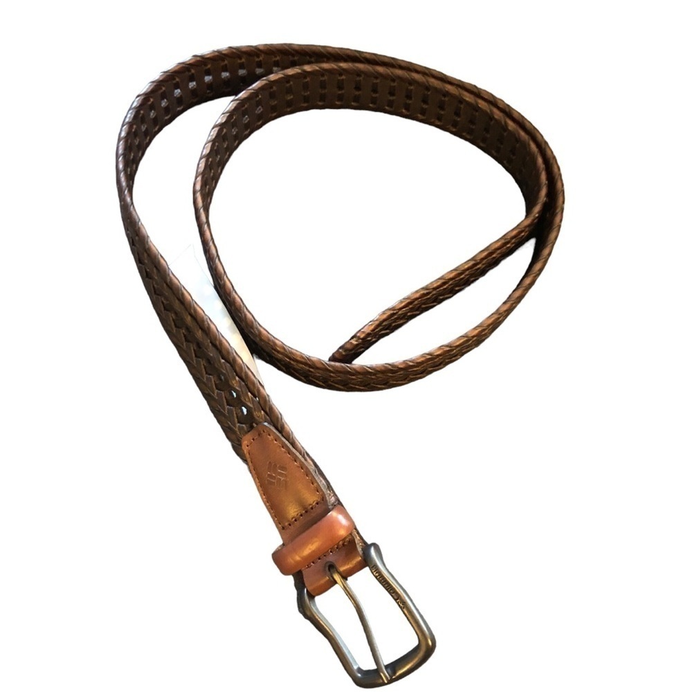 Columbia Menโs Woven Leather Belt Brown Size L 38-40โ Gunmetal Buckle With Logo